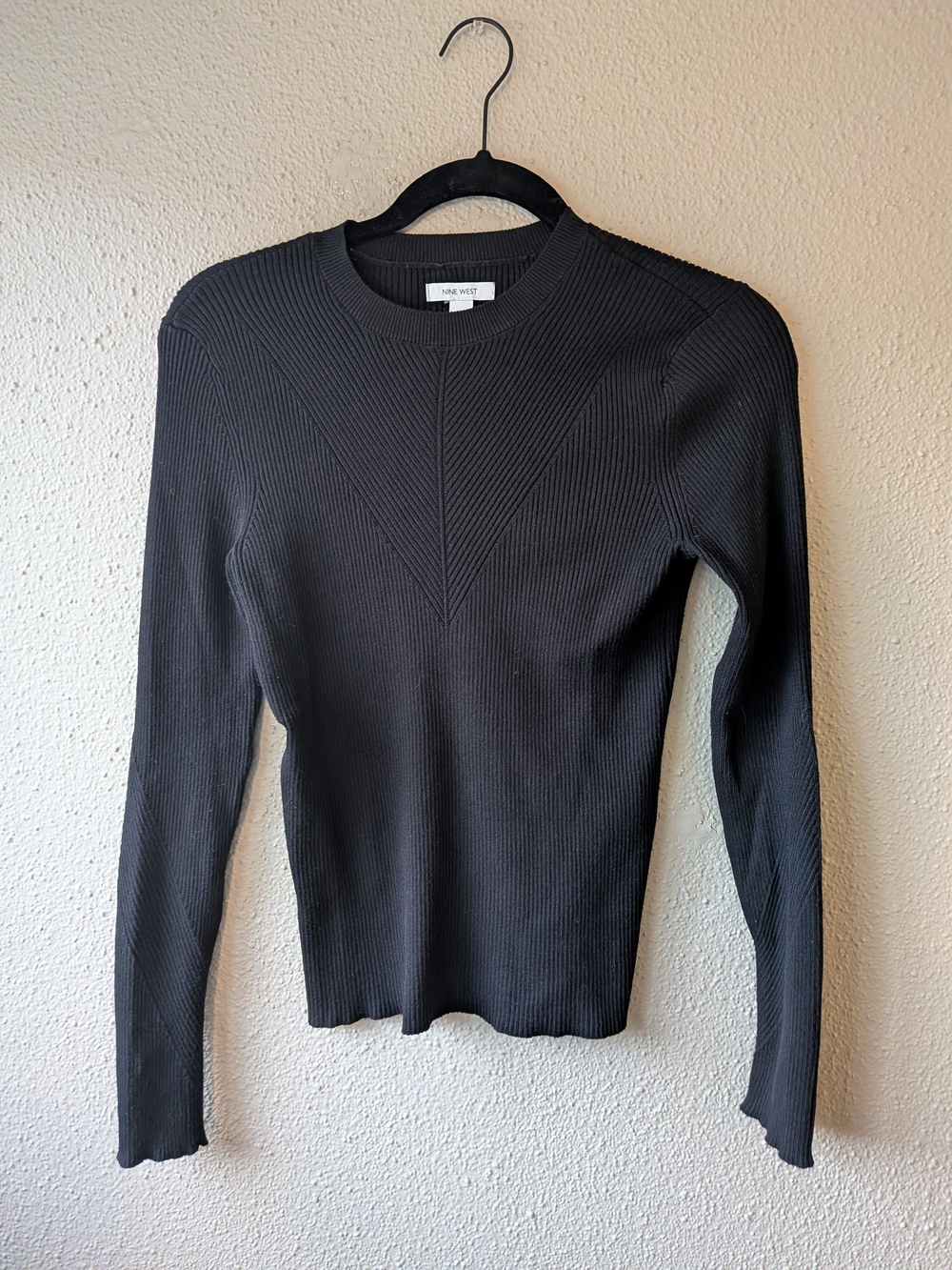 Nine West Black Ribbed Crewneck Sweater with V-Rib Detail